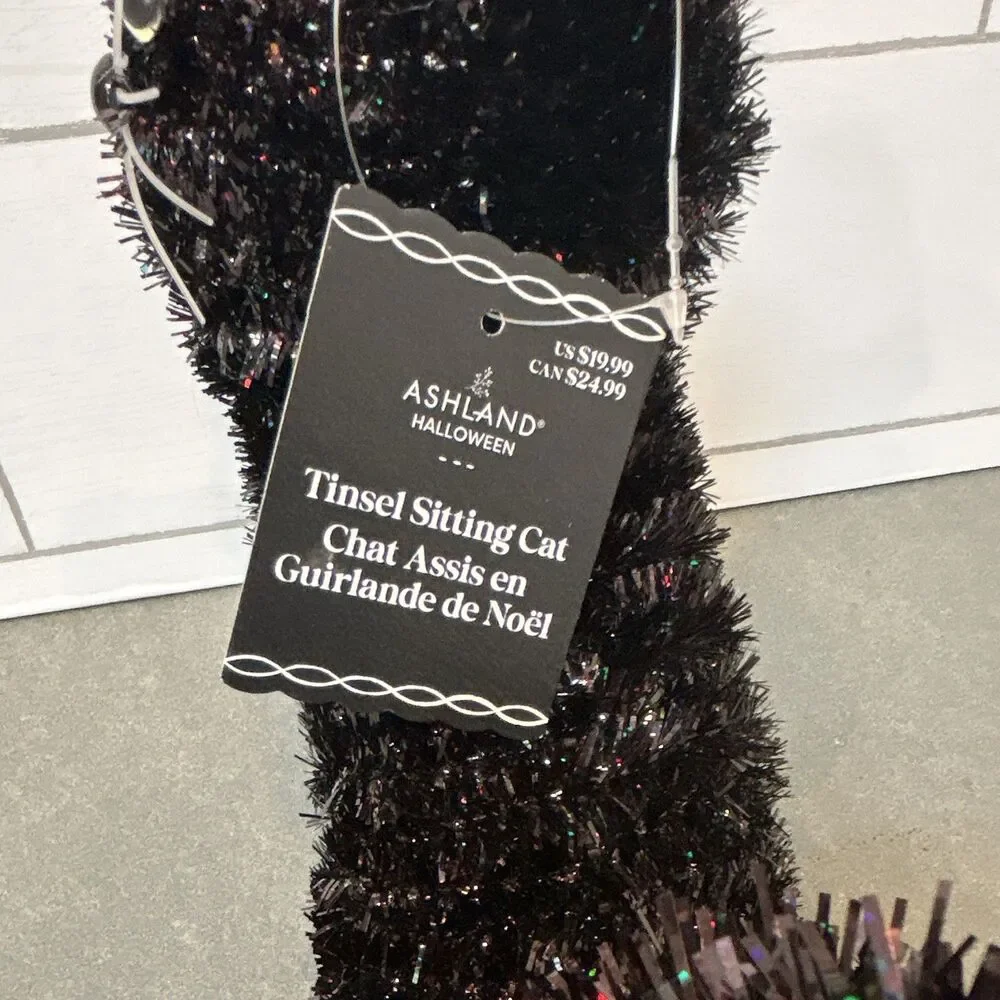 Ashland Halloween Black Tinsel Sitting Cat & Bat Decor w/ Faux Straw Bale
